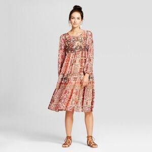 Knox Rose Chiffon Tiered Long Sleeve Maxi Dress Multi Bohemian Patch Print M